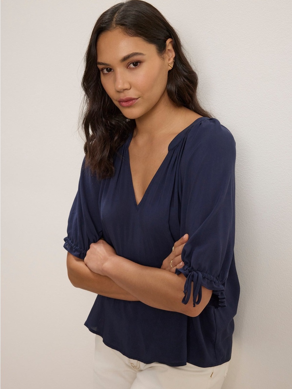 Velvet by Graham & Spencer Luna Navy V-Neck Relaxed Blouse